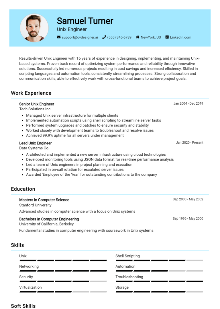 Unix Engineer Resume Example for 2025: Free Templates