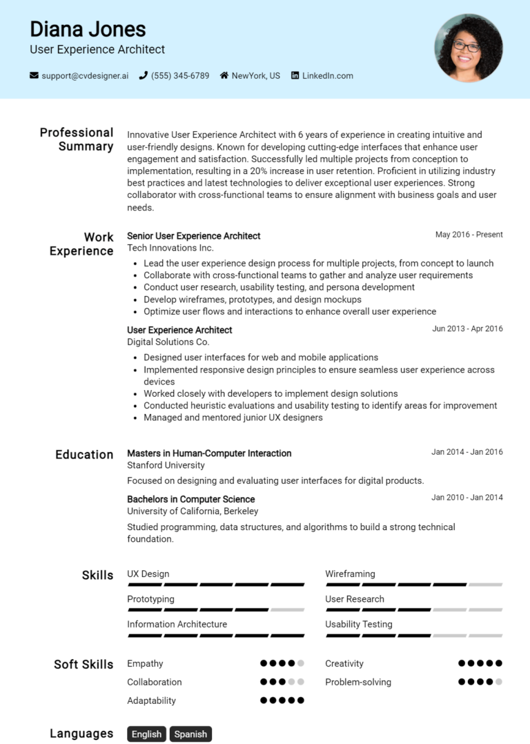 User Experience Architect Resume Example for 2025: Free Templates