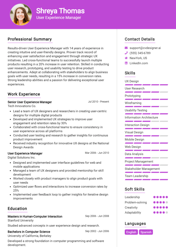 User Experience Manager Resume Example