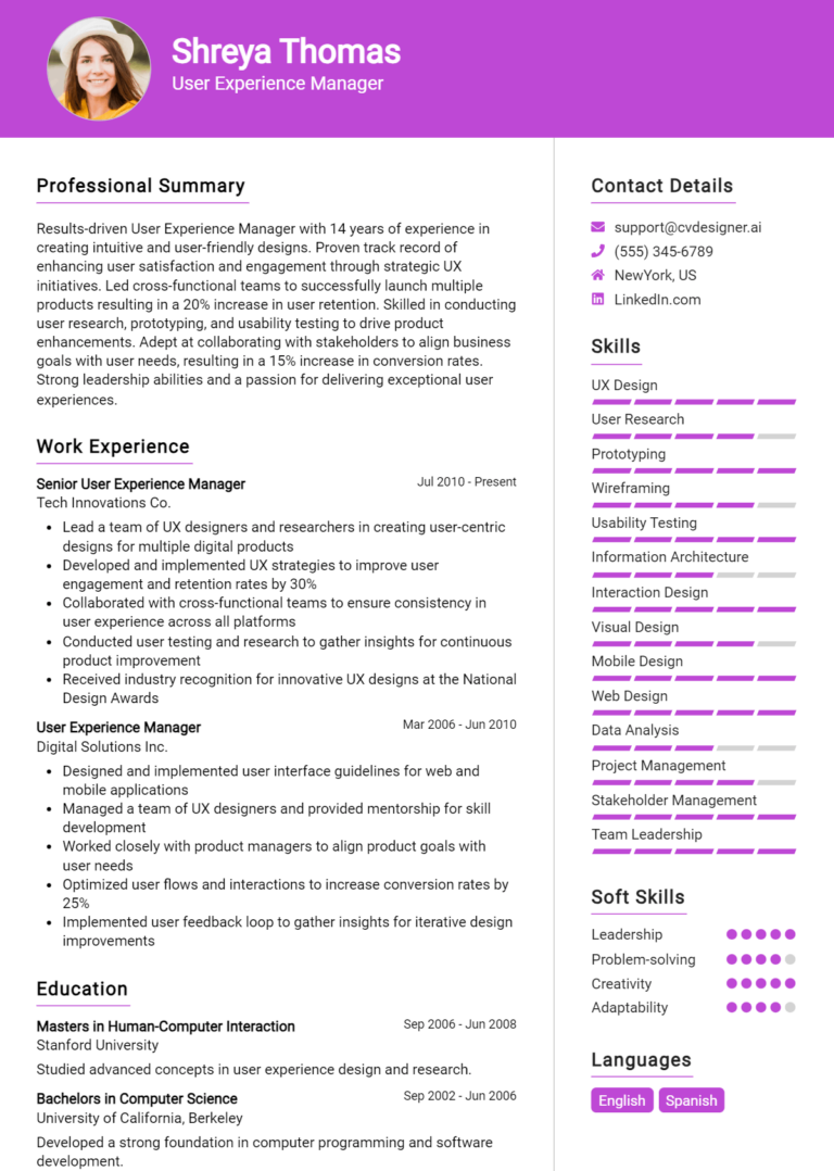 User Experience Manager Resume Example for 2025: Best Writing Tips