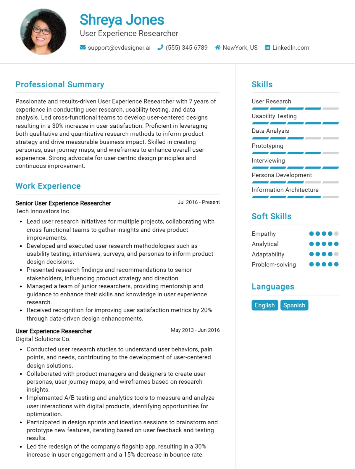 User Experience Researcher CV Example