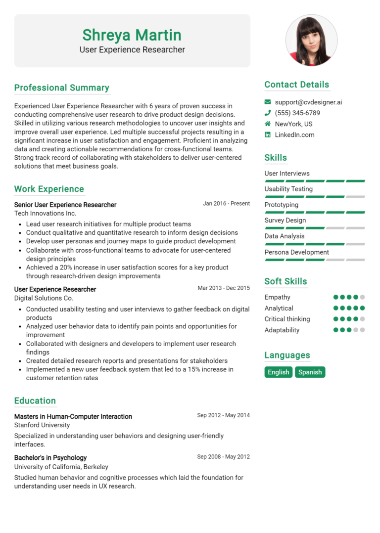 User Experience Researcher Resume Example for 2025: Writing Guide
