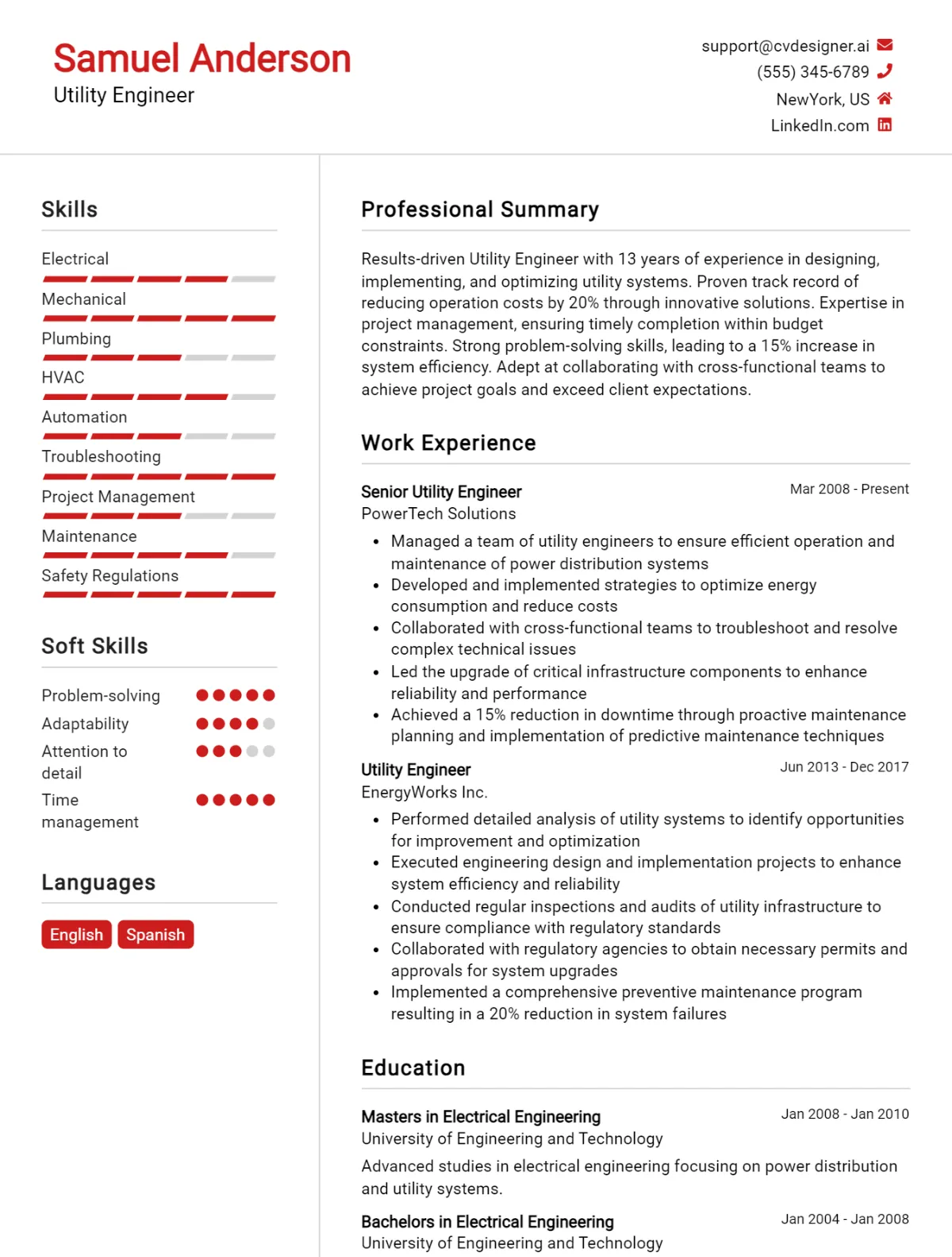 Utility Engineer CV Example