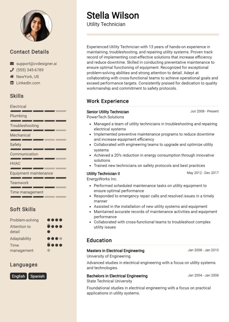 Utility Technician Resume Example for 2025: Proven Tips & Templates