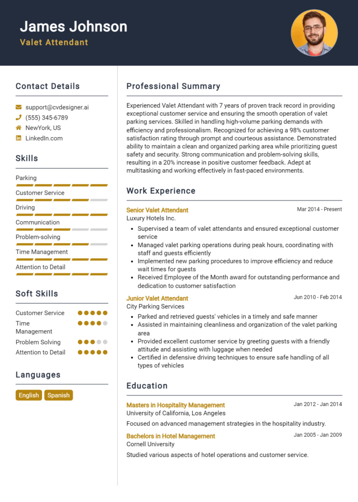 Valet Attendant Resume Example for 2024: Free Examples - CVDesigner.ai