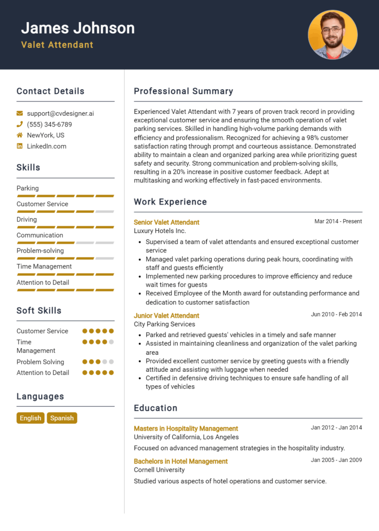 Valet Attendant Resume Example for 2025: Free Examples