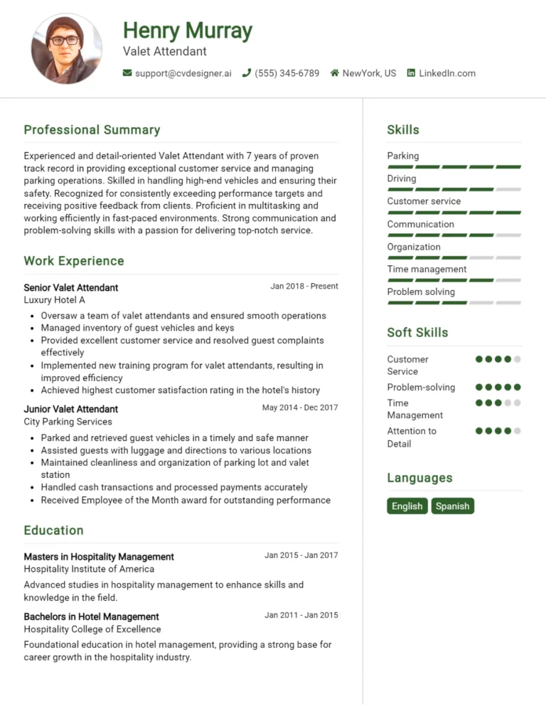 Valet Attendant CV Example For 2025: Free Downloadable Templates
