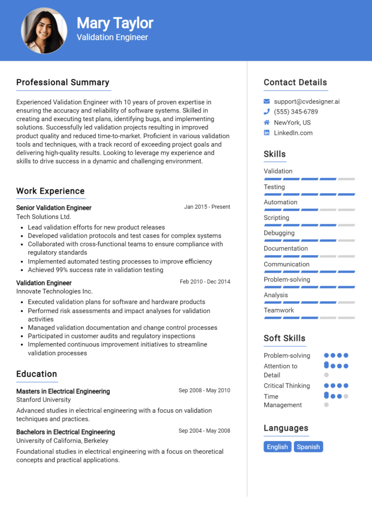 Validation Engineer Resume Example for 2025: How to Create a Professional CV
