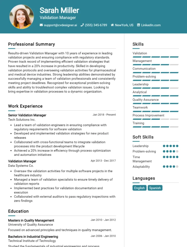 Validation Manager CV Example