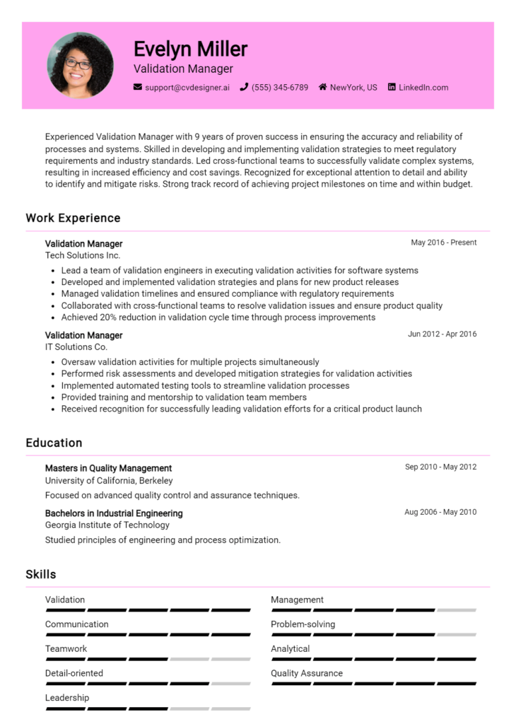 Validation Manager Resume Example for 2024: Resume Guide - CVDesigner.ai