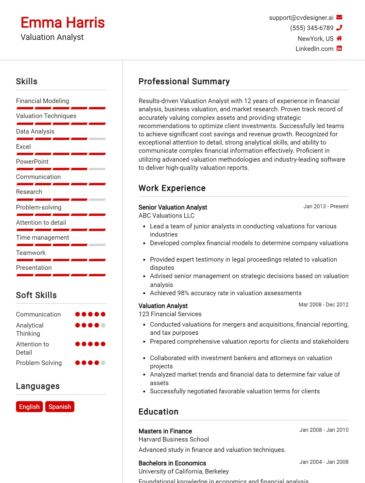 Valuation Analyst CV Example