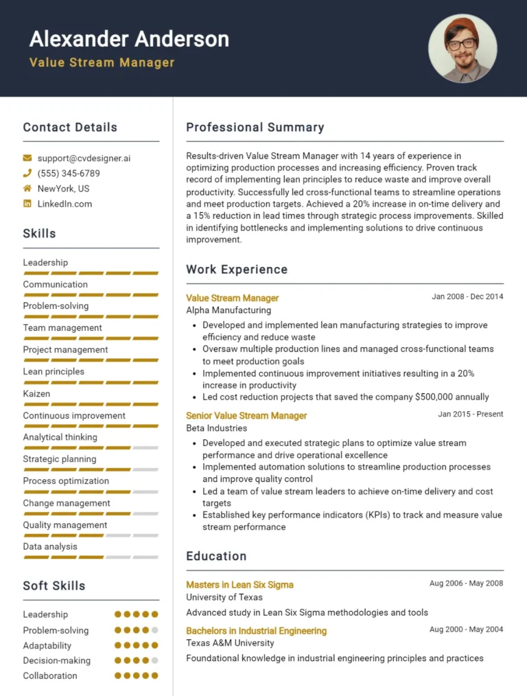 Value Stream Manager CV Example For 2025: Best Tips & Templates