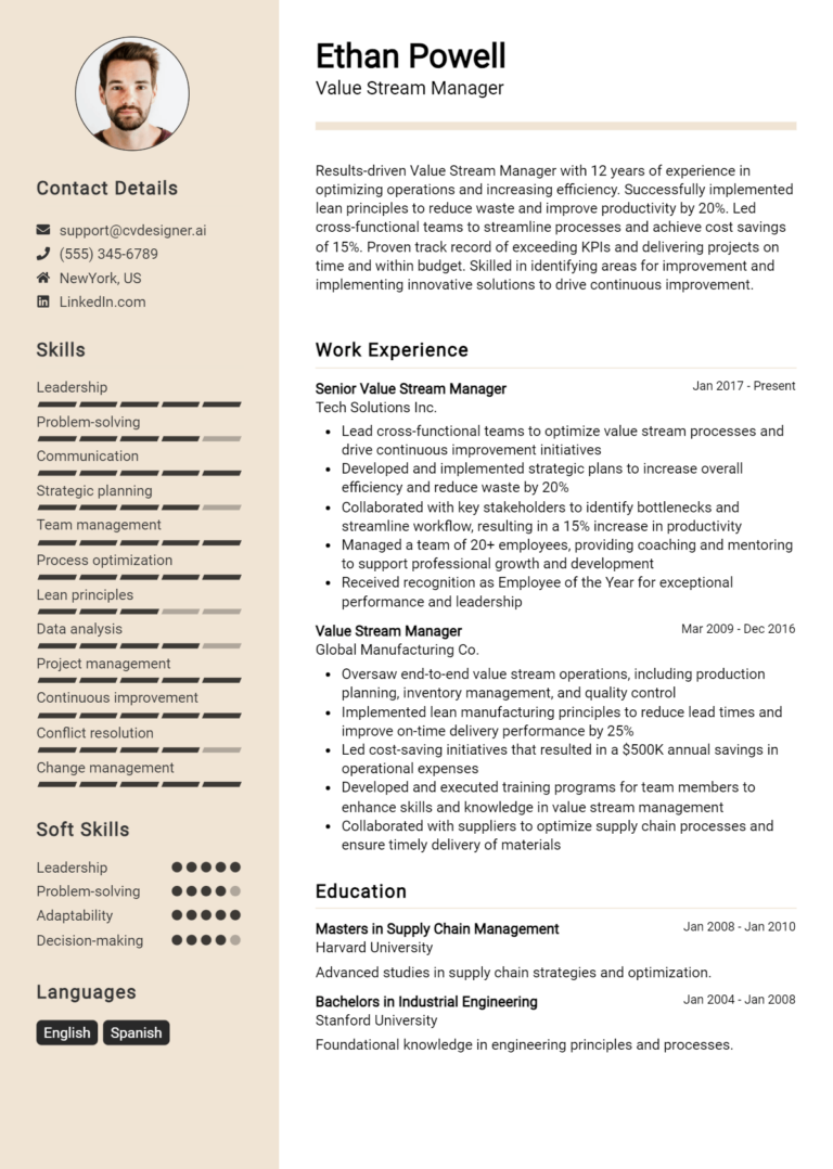 Value Stream Manager Resume Example for 2025: Writing Guide
