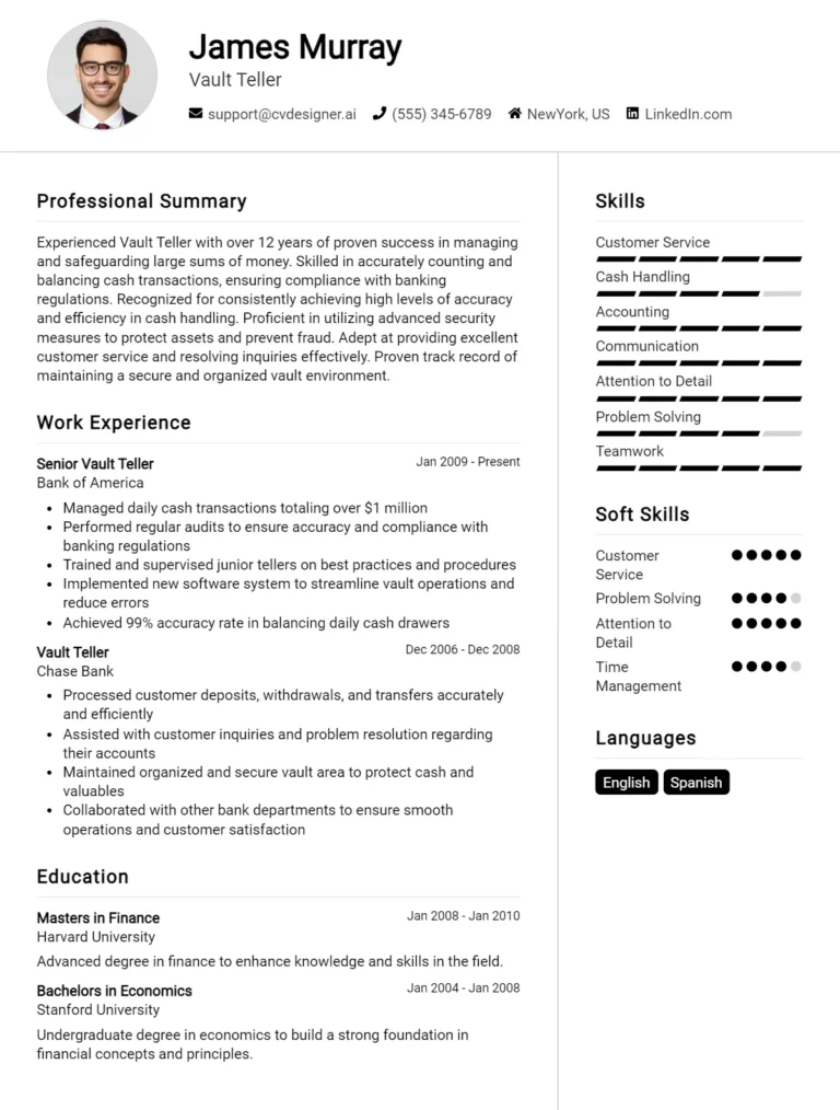 Vault Teller CV Example For 2025: Professional CV Templates