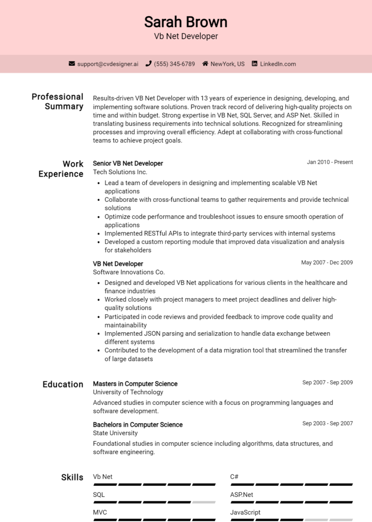 Vb.Net Developer Resume Example for 2025: Expert Tips