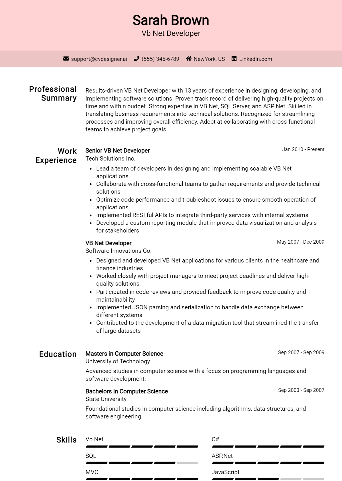 Vb Net Developer Resume Example