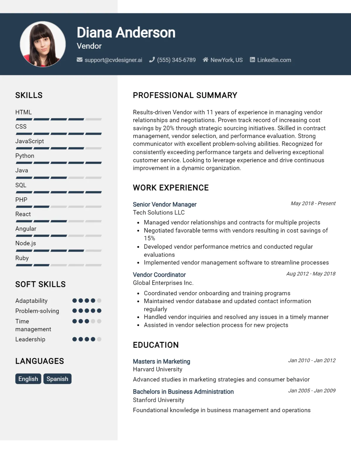 Vendor CV Example