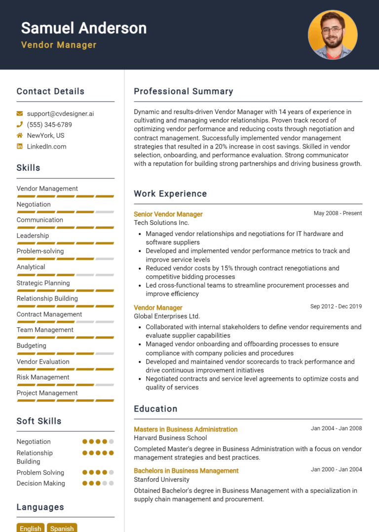 Vendor Manager Resume Example for 2025: Downloadable Templates