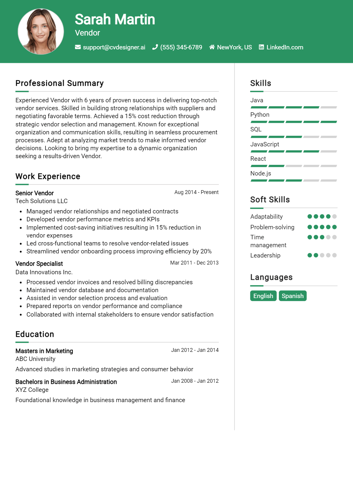 Vendor Resume Example
