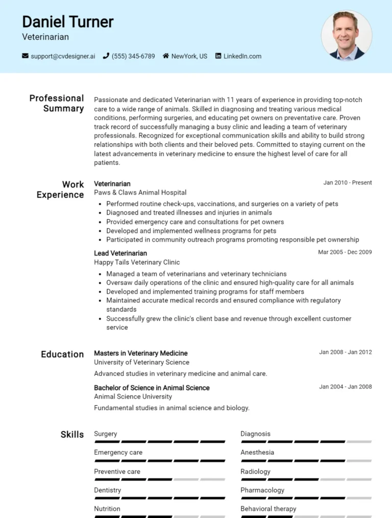 Veterinarian CV Example For 2025: Top CV Skills