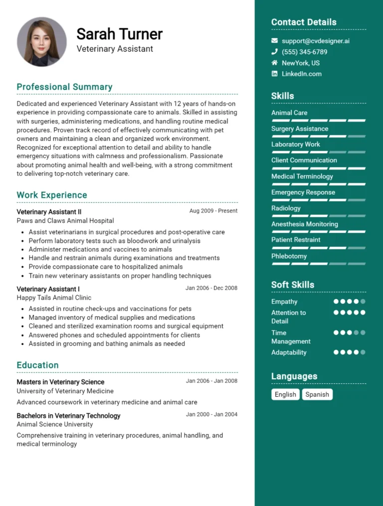 Veterinary Assistant CV Example For 2025: Expert Tips & Templates