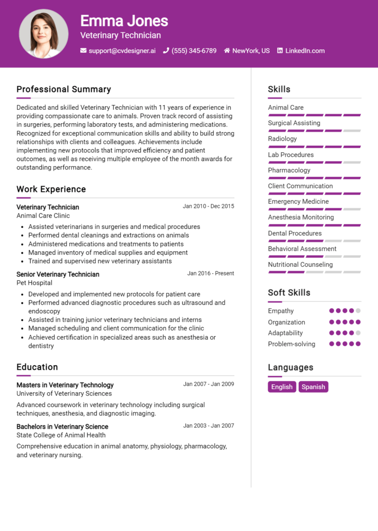 Veterinary Technician Resume Example for 2025: Best Tips & Templates
