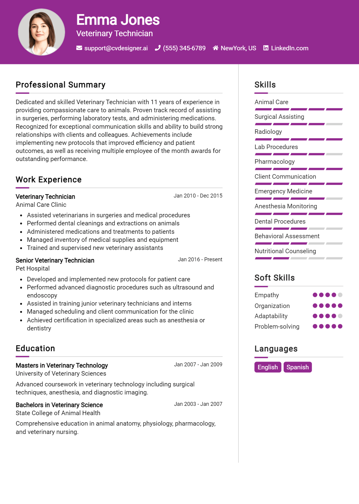 Veterinary Technician Resume Example