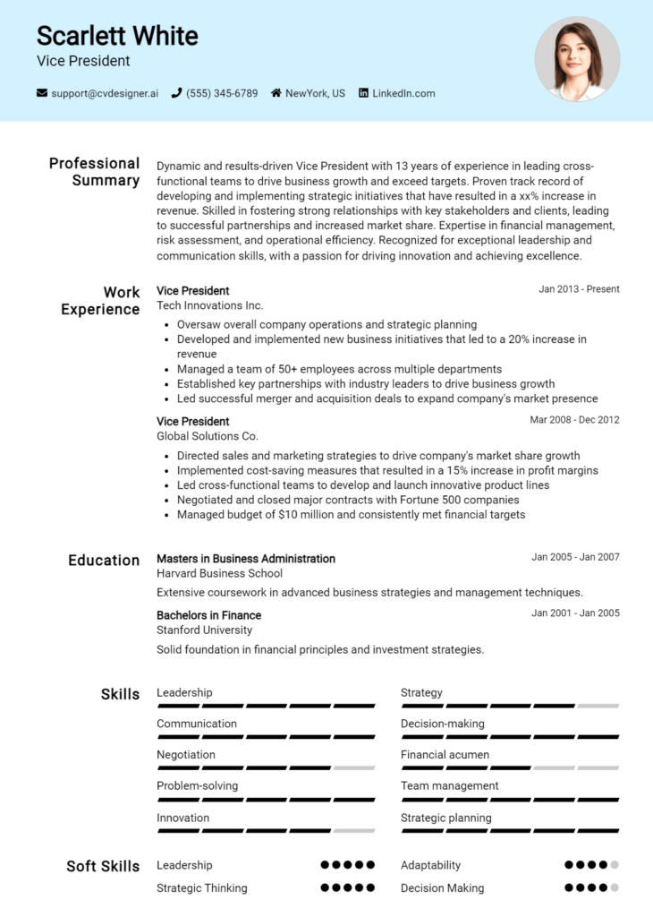 Vice President Resume Example for 2024: Best Writing Guide - CVDesigner.ai