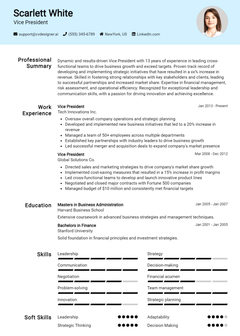 Vice President Resume Example for 2025: Best Writing Guide