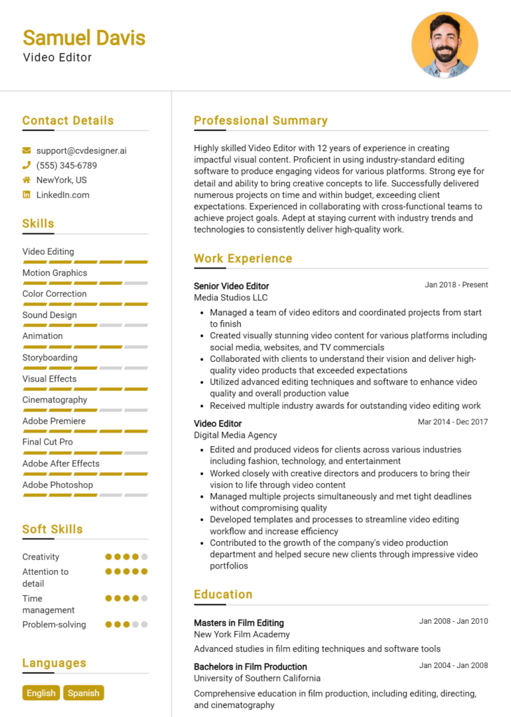 Video Editor Resume Example for 2024: Best Writing Guide - CVDesigner.ai
