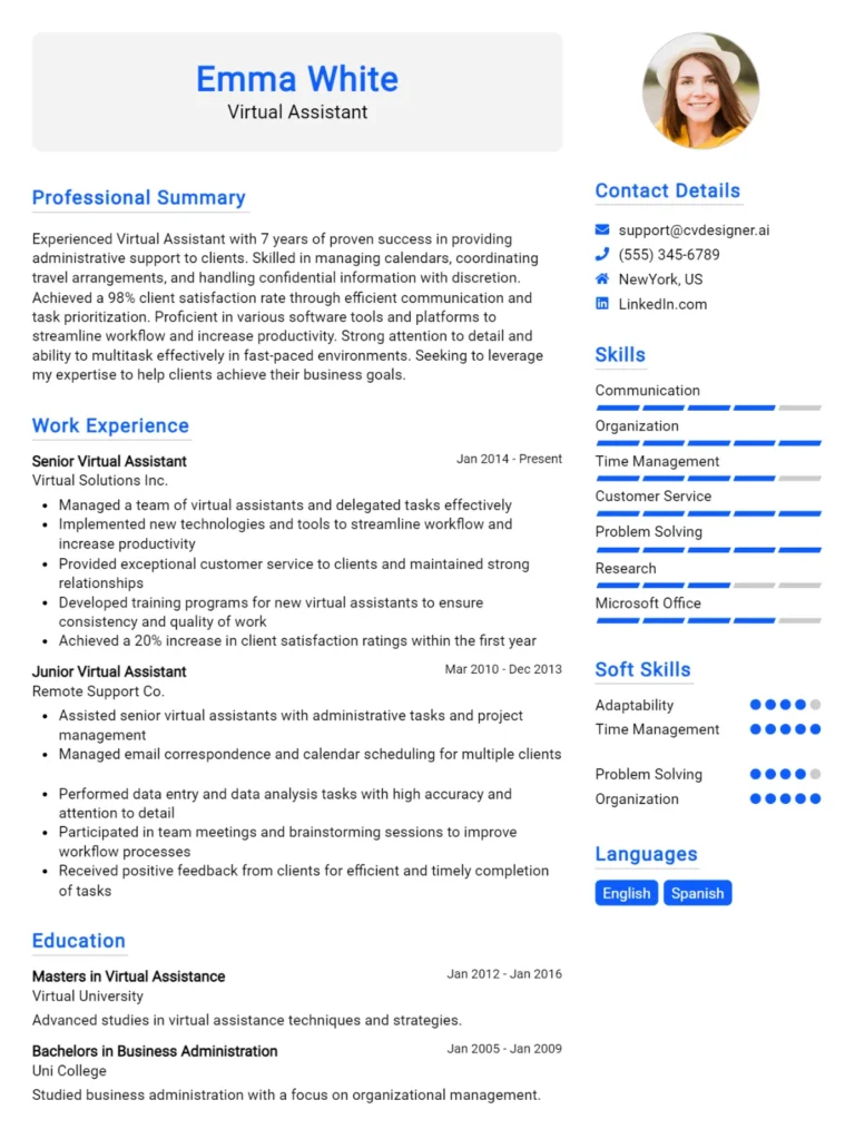 Virtual Assistant CV Example For 2025: Best Formatting Tips