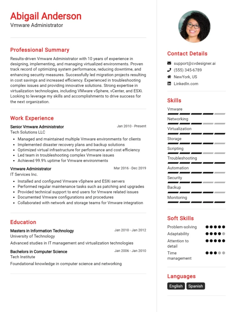 VMware Administrator CV Example For 2025: Ultimate Guide