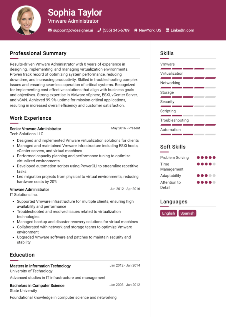 Vmware Administrator Resume Example for 2025: Tips & Templates
