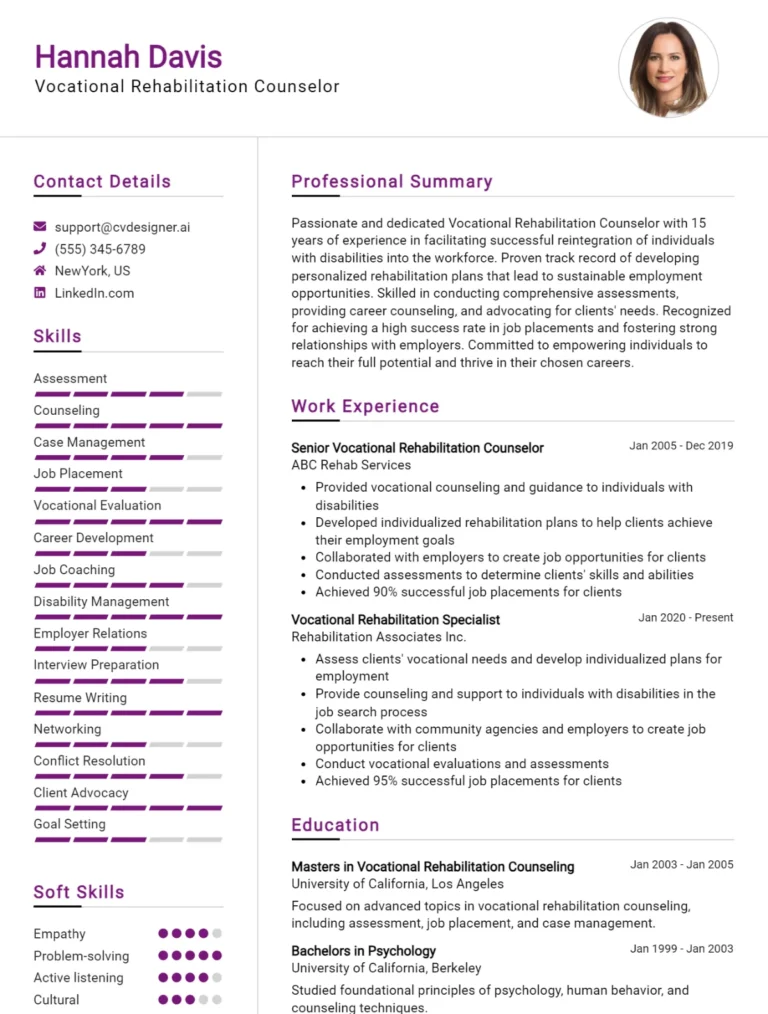 Vocational Rehabilitation Counselor CV Example For 2025: Best Writing Guide