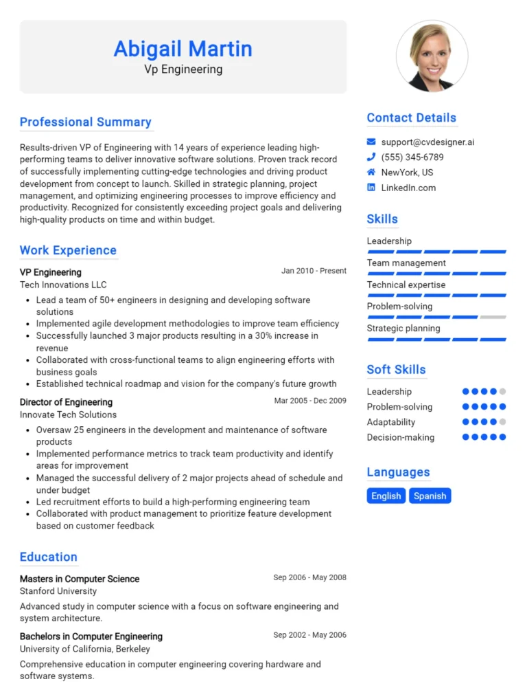 VP Engineering CV Example For 2025: Top CV Skills