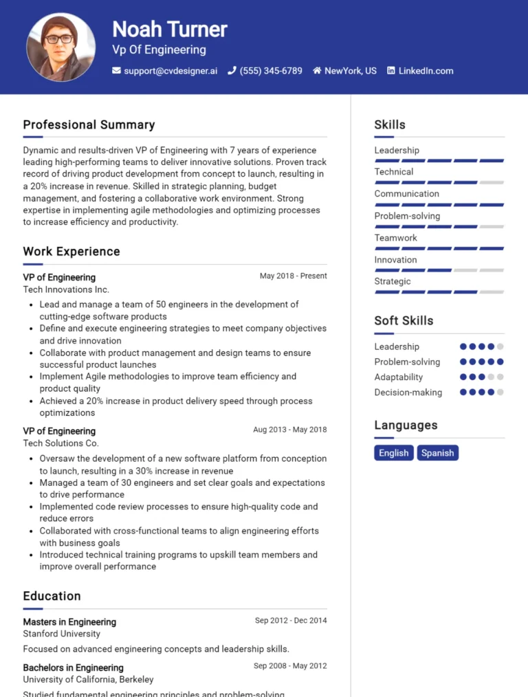 VP Of Engineering CV Example For 2025: Top Tips & Samples