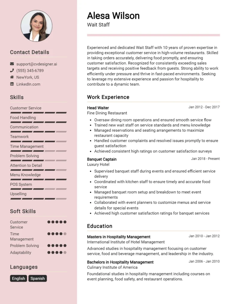 Wait Staff CV Example For 2025: Strategies & Templates