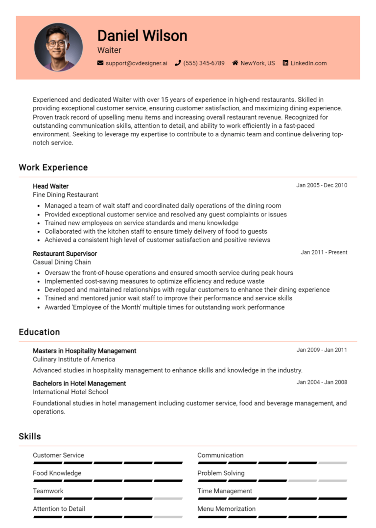 Waiter Resume Example for 2025: Strategies & Templates