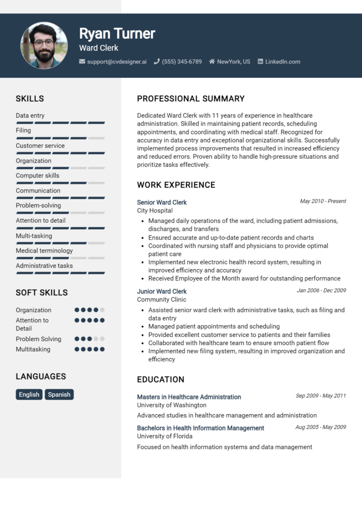 Ward Clerk Resume Example for 2024 Best Formatting Tips CVDesigner.ai
