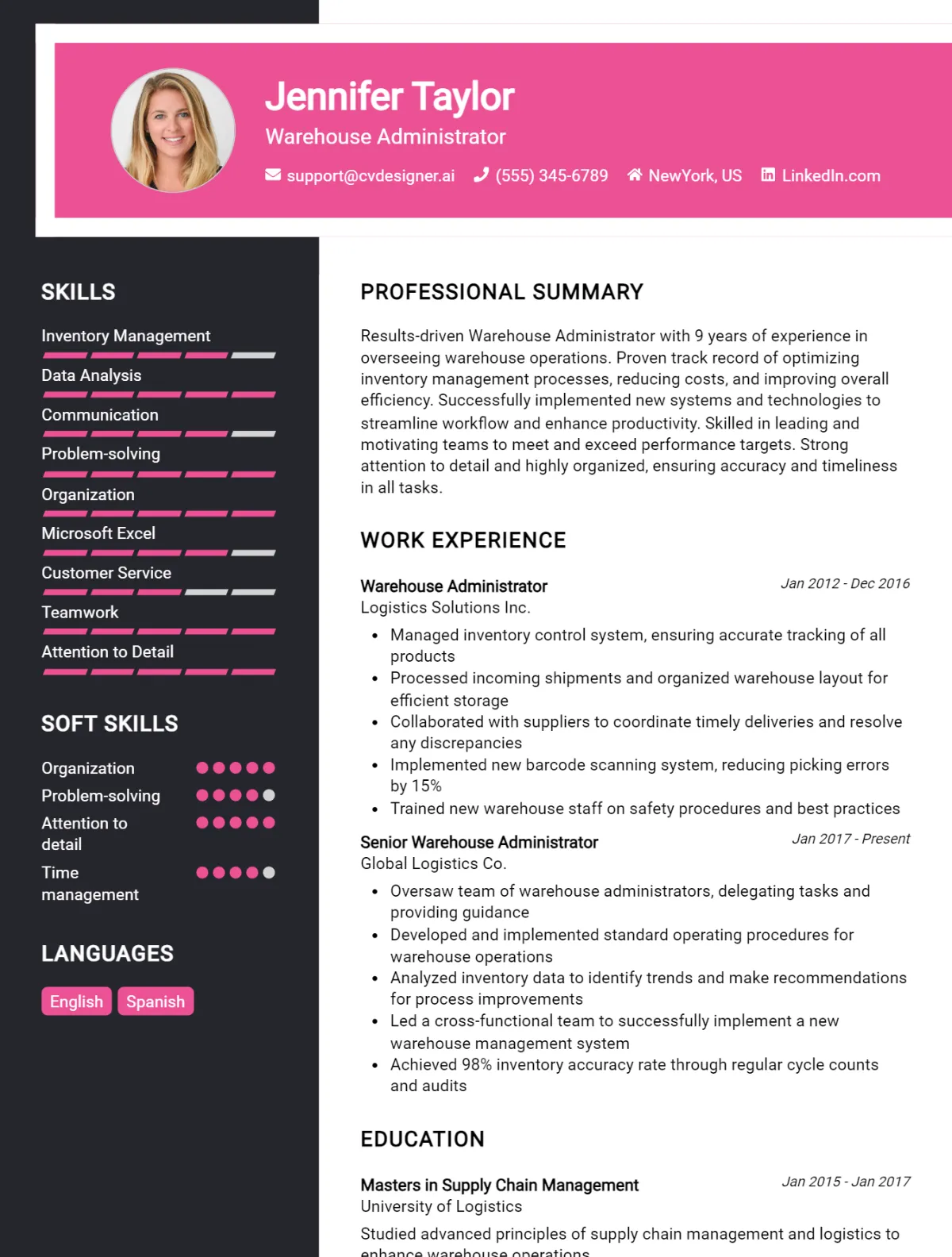 Warehouse Administrator CV Example