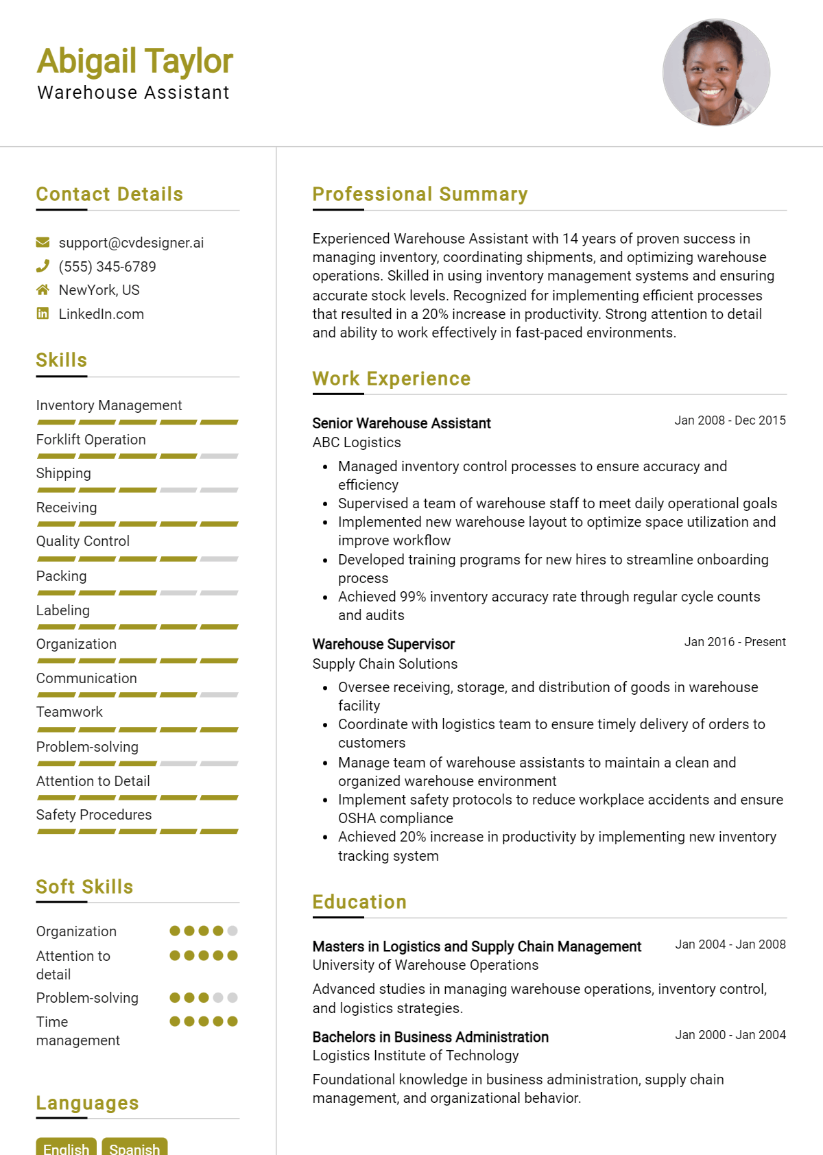 Warehouse Assistant Resume Example for 2024: Ultimate Guide - CVDesigner.ai