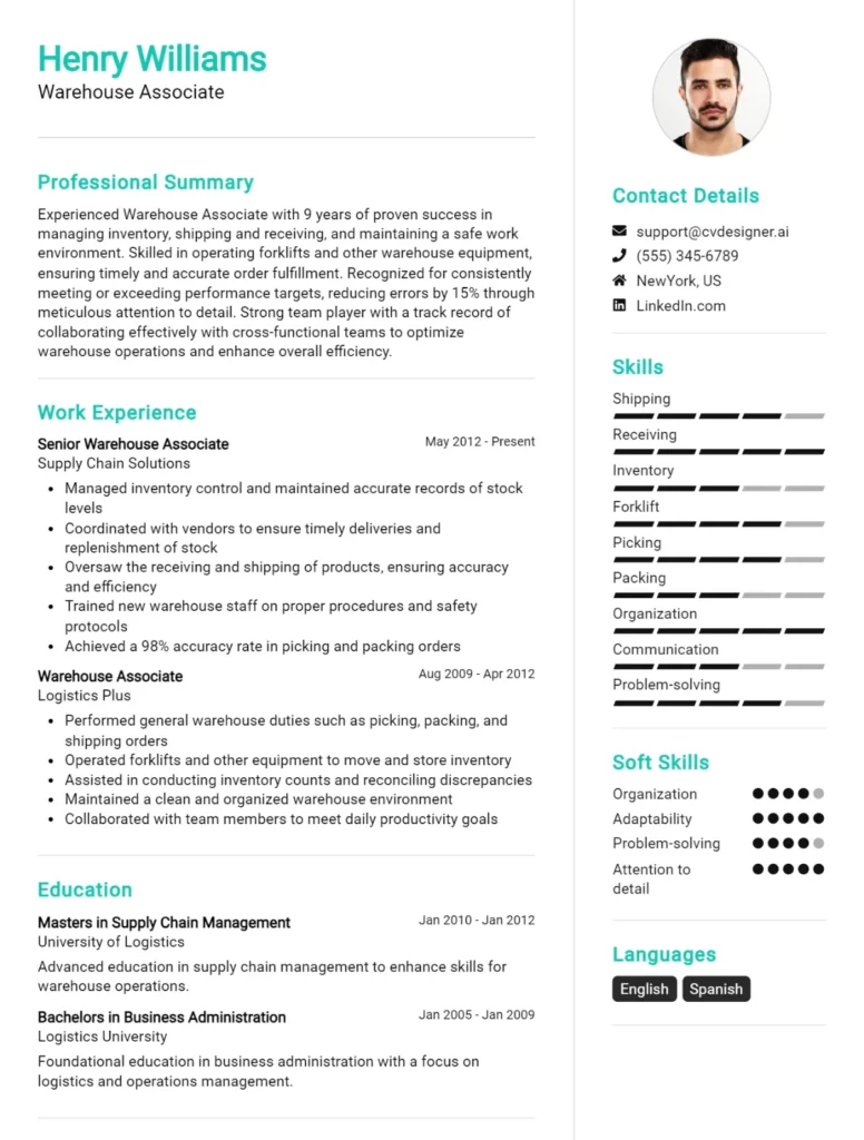 Warehouse Associate CV Example