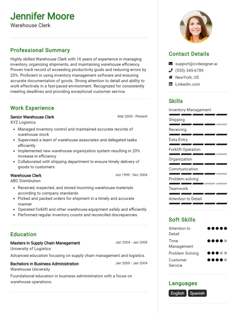 Warehouse Clerk CV Example