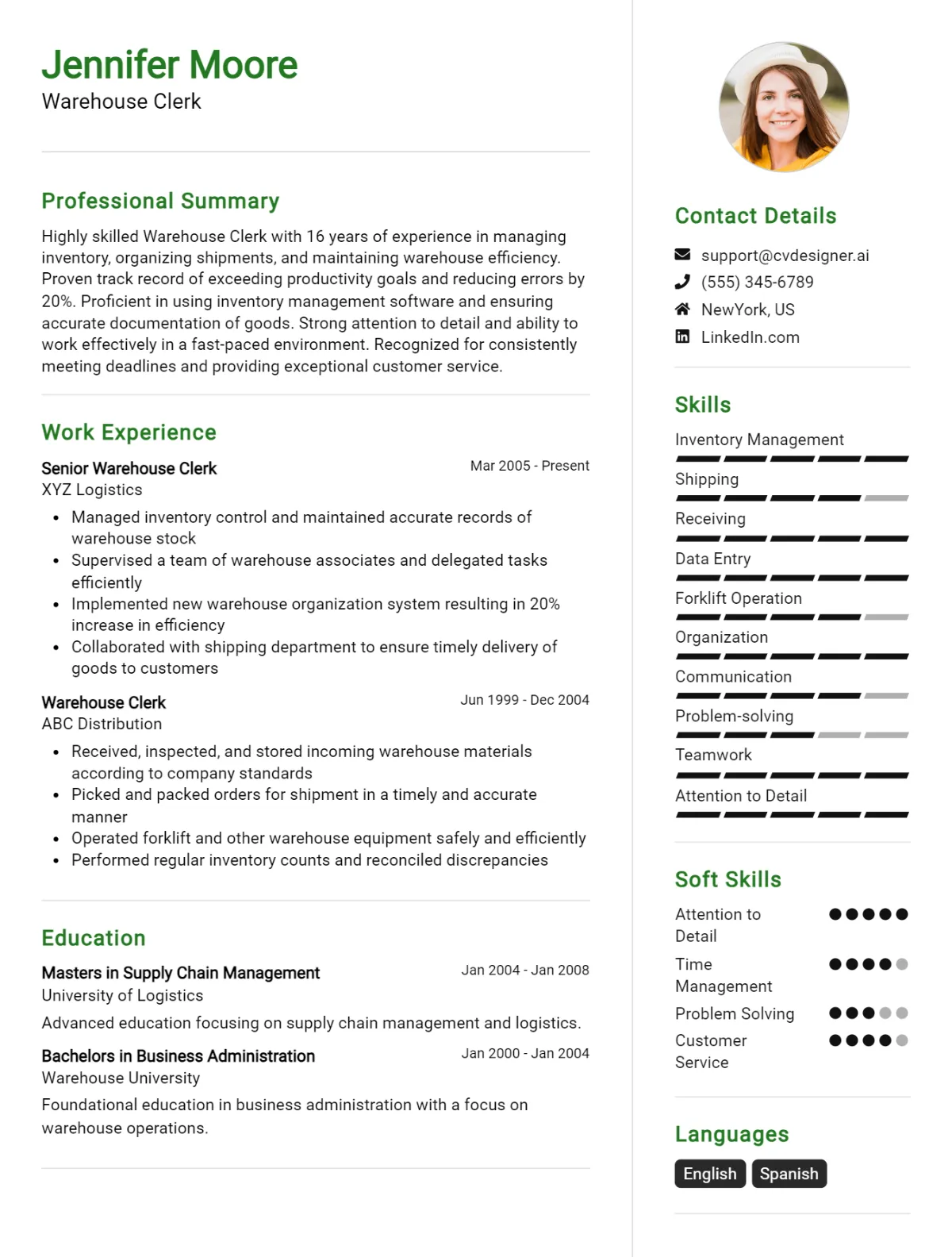 Warehouse Clerk CV Example