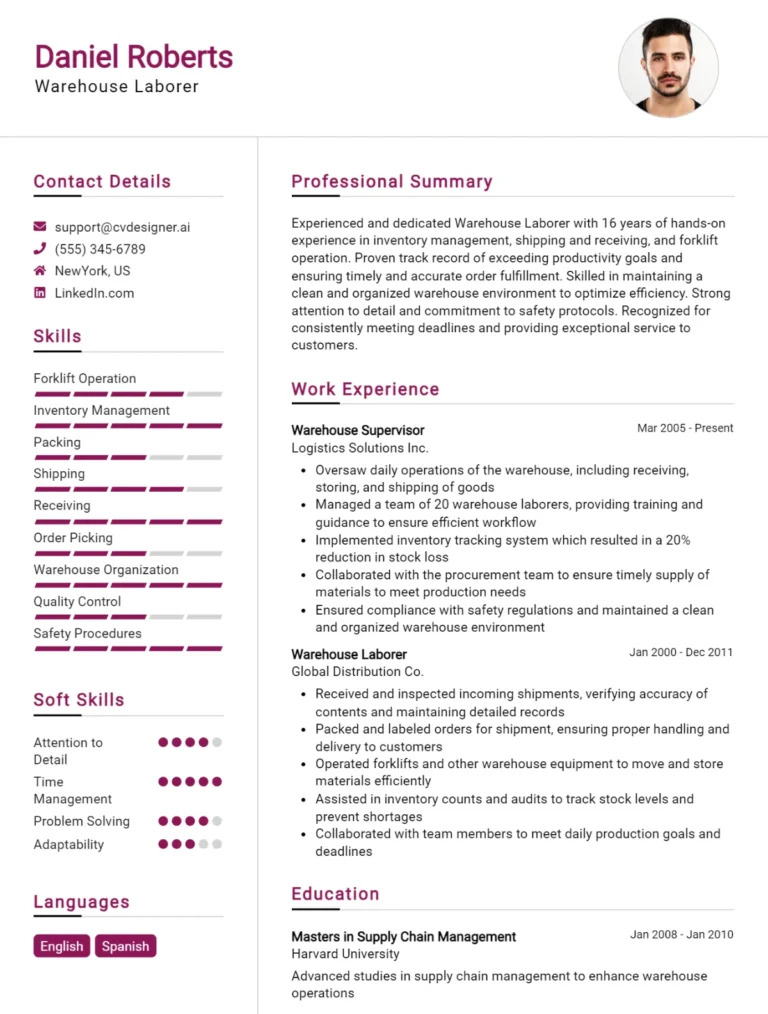 Warehouse Laborer CV Example For 2025: Expert Tips & Templates