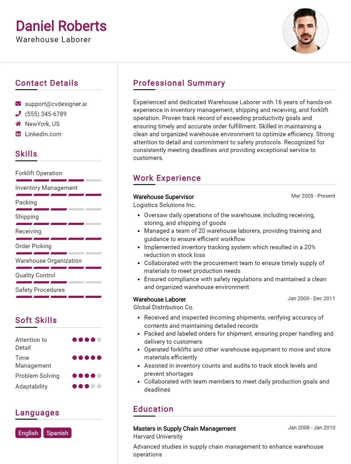 Warehouse Laborer CV Example