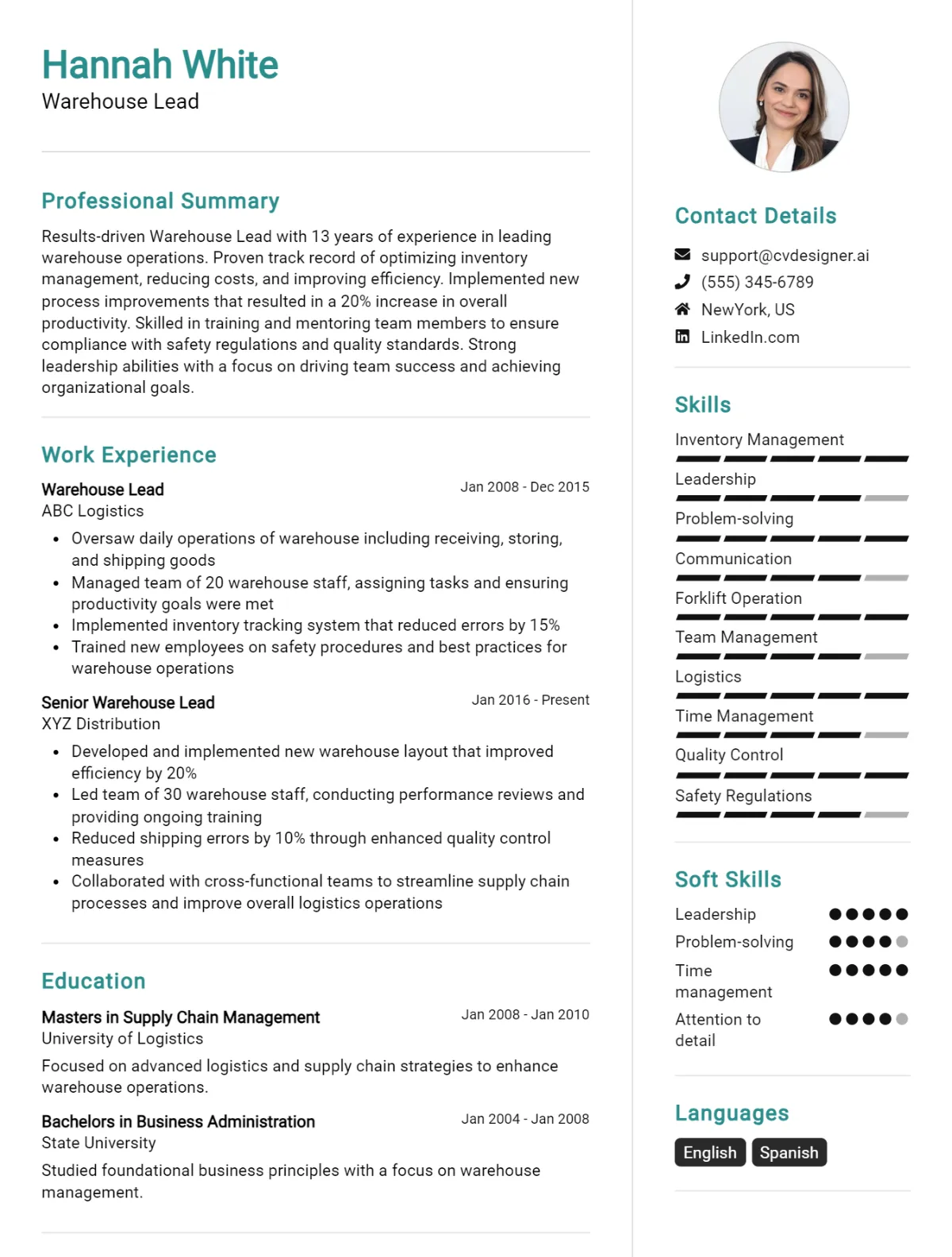 Warehouse Lead CV Example