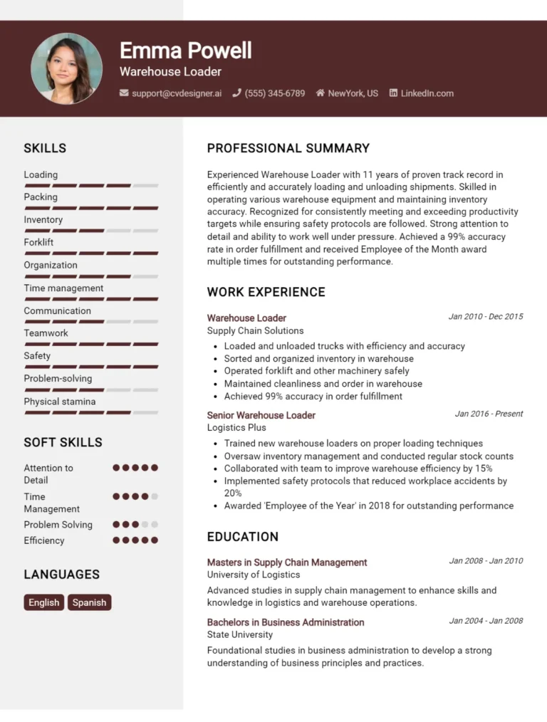 Warehouse Loader CV Example For 2025: How to Create a Professional CV