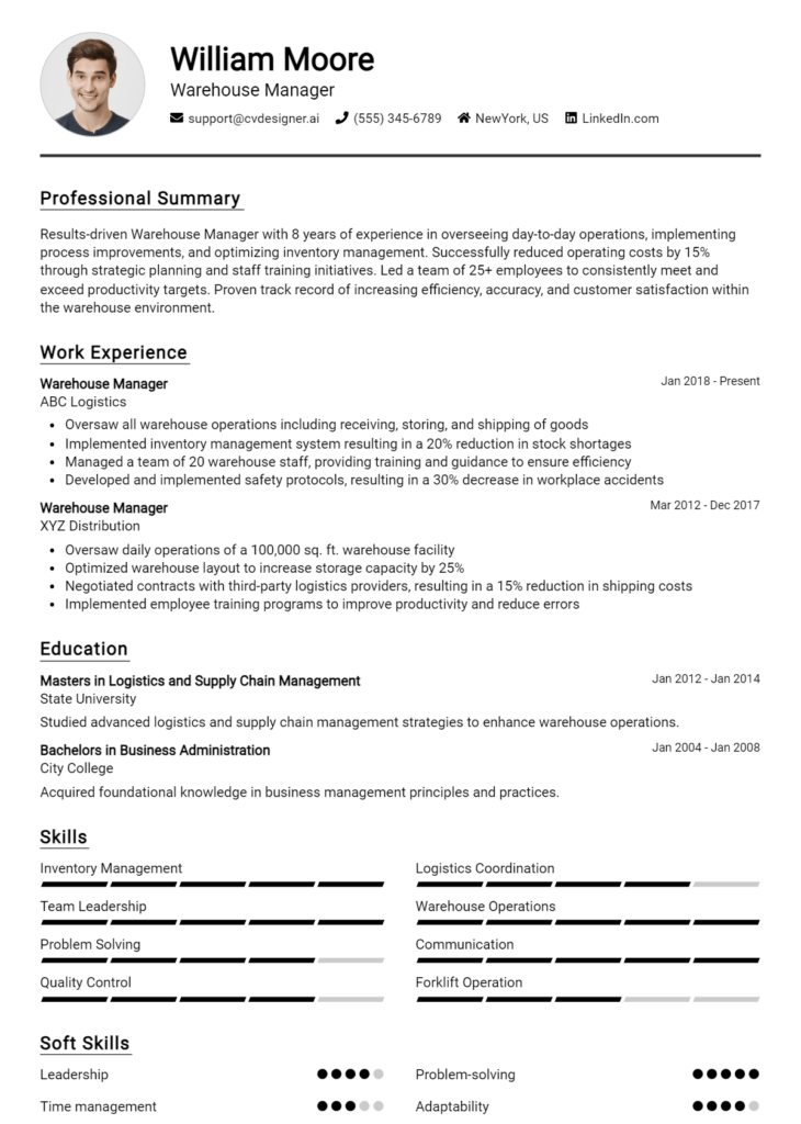 Warehouse Manager Resume Example