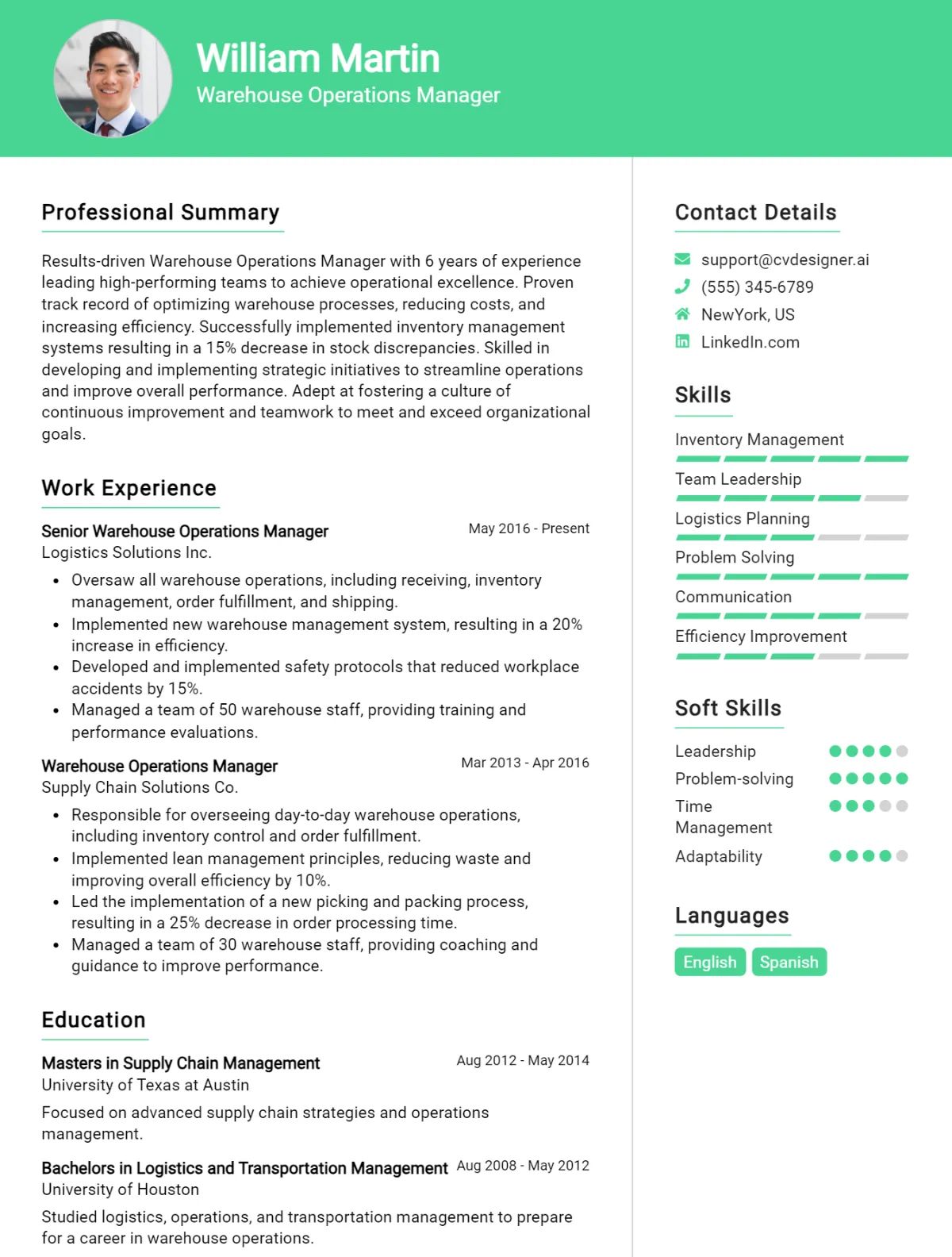 Warehouse Operations Manager CV Example